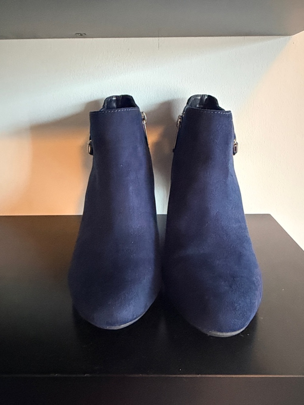 Bandolino Navy Suede Ankle Booties with Buckle Accent